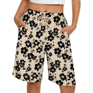 image:imageIWOLLENCE Bermuda Shorts for Women Knee Length Elastic High Waisted Shorts Summer Casual Wide Leg Baggy ShortsKhaki Black Flower
