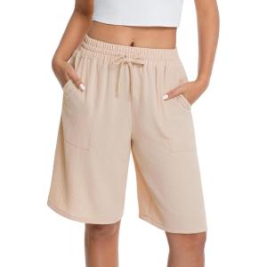 image:imageIWOLLENCE Bermuda Shorts for Women Knee Length Elastic High Waisted Shorts Summer Casual Wide Leg Baggy ShortsLight Khaki