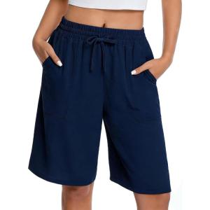 image:imageIWOLLENCE Bermuda Shorts for Women Knee Length Elastic High Waisted Shorts Summer Casual Wide Leg Baggy ShortsNavy Blue