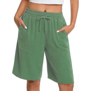 image:imageIWOLLENCE Bermuda Shorts for Women Knee Length Elastic High Waisted Shorts Summer Casual Wide Leg Baggy ShortsOlive Green