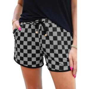 image:imageIWOLLENCE Womens Checkered Shorts Elastic Waist with Drawstring Plaid Short Pants Beach Summer with PocketsCdblack Grey