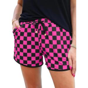 image:imageIWOLLENCE Womens Checkered Shorts Elastic Waist with Drawstring Plaid Short Pants Beach Summer with PocketsCdblack Hot Pink
