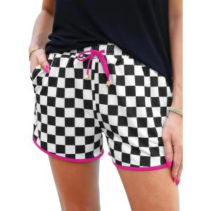 image:imageIWOLLENCE Womens Checkered Shorts Elastic Waist with Drawstring Plaid Short Pants Beach Summer with PocketsCdblack White Pink