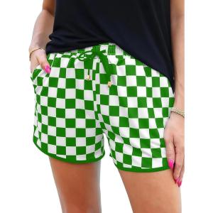 image:imageIWOLLENCE Womens Checkered Shorts Elastic Waist with Drawstring Plaid Short Pants Beach Summer with PocketsCdgreen White