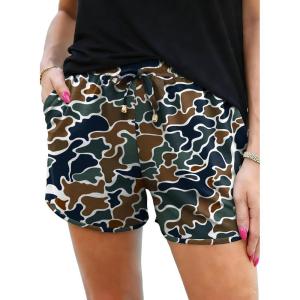 image:imageIWOLLENCE Womens Checkered Shorts Elastic Waist with Drawstring Plaid Short Pants Beach Summer with PocketsMcbrown Green Camo