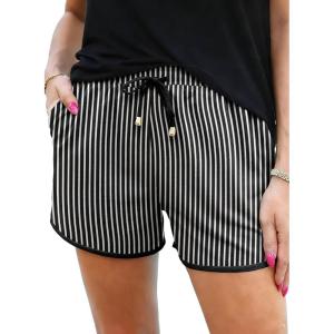 image:imageIWOLLENCE Womens Checkered Shorts Elastic Waist with Drawstring Plaid Short Pants Beach Summer with PocketsStblack White Stripe
