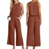 image:imageIWOLLENCE Womens Summer 2 Piece Outfits Set Round neck Sleeveless Tank Crop Top Wide Leg pants Set Pockets JumpsuitsA Caramel