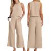 image:imageIWOLLENCE Womens Summer 2 Piece Outfits Set Round neck Sleeveless Tank Crop Top Wide Leg pants Set Pockets JumpsuitsA Oatmeal