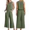 image:imageIWOLLENCE Womens Summer 2 Piece Outfits Set Round neck Sleeveless Tank Crop Top Wide Leg pants Set Pockets JumpsuitsA Olive Green