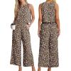 image:imageIWOLLENCE Womens Summer 2 Piece Outfits Set Round neck Sleeveless Tank Crop Top Wide Leg pants Set Pockets JumpsuitsB Black Colorful Flower