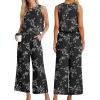 image:imageIWOLLENCE Womens Summer 2 Piece Outfits Set Round neck Sleeveless Tank Crop Top Wide Leg pants Set Pockets JumpsuitsB Black White Carving