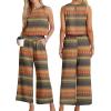 image:imageIWOLLENCE Womens Summer 2 Piece Outfits Set Round neck Sleeveless Tank Crop Top Wide Leg pants Set Pockets JumpsuitsB Classical Stripe