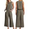 image:imageIWOLLENCE Womens Summer 2 Piece Outfits Set Round neck Sleeveless Tank Crop Top Wide Leg pants Set Pockets JumpsuitsB Navy Stripe Flower