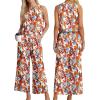 image:imageIWOLLENCE Womens Summer 2 Piece Outfits Set Round neck Sleeveless Tank Crop Top Wide Leg pants Set Pockets JumpsuitsB White Maple