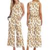 image:imageIWOLLENCE Womens Summer 2 Piece Outfits Set Round neck Sleeveless Tank Crop Top Wide Leg pants Set Pockets JumpsuitsB White Sunflower