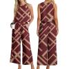 image:imageIWOLLENCE Womens Summer 2 Piece Outfits Set Round neck Sleeveless Tank Crop Top Wide Leg pants Set Pockets JumpsuitsB Wine Red Rectangle