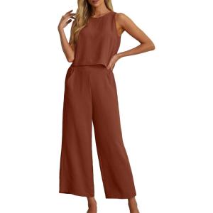 image:imageIWOLLENCE Womens Summer 2 Piece Outfits Set Round neck Sleeveless Tank Crop Top Wide Leg pants Set Pockets JumpsuitsA Caramel