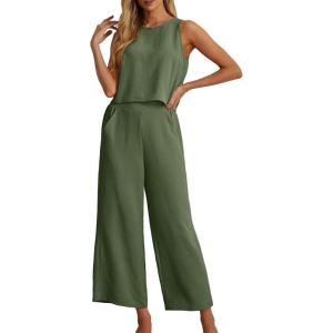 image:imageIWOLLENCE Womens Summer 2 Piece Outfits Set Round neck Sleeveless Tank Crop Top Wide Leg pants Set Pockets JumpsuitsA Olive Green