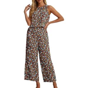 image:imageIWOLLENCE Womens Summer 2 Piece Outfits Set Round neck Sleeveless Tank Crop Top Wide Leg pants Set Pockets JumpsuitsB Black Colorful Flower