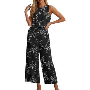 image:imageIWOLLENCE Womens Summer 2 Piece Outfits Set Round neck Sleeveless Tank Crop Top Wide Leg pants Set Pockets JumpsuitsB Black White Carving