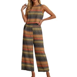image:imageIWOLLENCE Womens Summer 2 Piece Outfits Set Round neck Sleeveless Tank Crop Top Wide Leg pants Set Pockets JumpsuitsB Classical Stripe