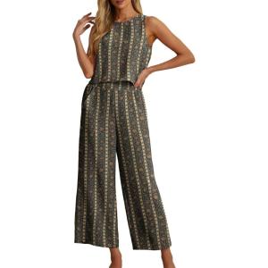 image:imageIWOLLENCE Womens Summer 2 Piece Outfits Set Round neck Sleeveless Tank Crop Top Wide Leg pants Set Pockets JumpsuitsB Navy Stripe Flower