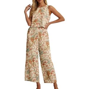 image:imageIWOLLENCE Womens Summer 2 Piece Outfits Set Round neck Sleeveless Tank Crop Top Wide Leg pants Set Pockets JumpsuitsB Pezzli Retro Flower