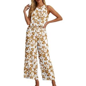 image:imageIWOLLENCE Womens Summer 2 Piece Outfits Set Round neck Sleeveless Tank Crop Top Wide Leg pants Set Pockets JumpsuitsB White Sunflower
