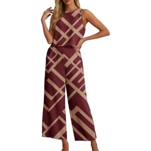 image:imageIWOLLENCE Womens Summer 2 Piece Outfits Set Round neck Sleeveless Tank Crop Top Wide Leg pants Set Pockets JumpsuitsB Wine Red Rectangle