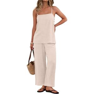 image:imageIWOLLENCE Womens 2 Piece Sets Spaghetti Strappy Tank Top and Long Pant with Pockets Lounge Matching Sets Beach VacationCapricot