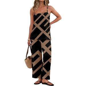 image:imageIWOLLENCE Womens 2 Piece Sets Spaghetti Strappy Tank Top and Long Pant with Pockets Lounge Matching Sets Beach VacationFpblack Rectangle