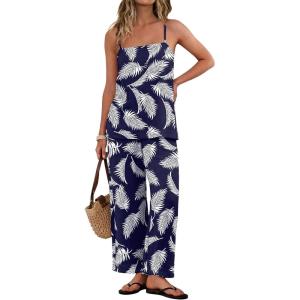 image:imageIWOLLENCE Womens 2 Piece Sets Spaghetti Strappy Tank Top and Long Pant with Pockets Lounge Matching Sets Beach VacationFpblue Palm