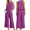 image:imageIWOLLENCE Womens Summer 2 Piece Outfits Set Round neck Sleeveless Tank Crop Top Wide Leg pants Set Pockets JumpsuitsA Dragon Fruit Red