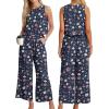 image:imageIWOLLENCE Womens Summer 2 Piece Outfits Set Round neck Sleeveless Tank Crop Top Wide Leg pants Set Pockets JumpsuitsB Blue Pink Wh Flower