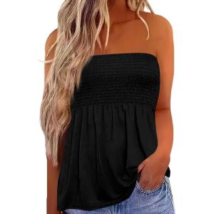 image:imageIWOLLENCE Womens Tube Tops Flowy Pleated Strapless Top Long Sleeveless Bandeau Tanks Cute Beach Coverups SummerC Black