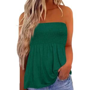 image:imageIWOLLENCE Womens Tube Tops Flowy Pleated Strapless Top Long Sleeveless Bandeau Tanks Cute Beach Coverups SummerC Dark Green