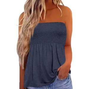 image:imageIWOLLENCE Womens Tube Tops Flowy Pleated Strapless Top Long Sleeveless Bandeau Tanks Cute Beach Coverups SummerC Navy Blue
