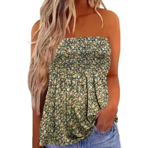 image:imageIWOLLENCE Womens Tube Tops Flowy Pleated Strapless Top Long Sleeveless Bandeau Tanks Cute Beach Coverups SummerFp Black Yellow Floral