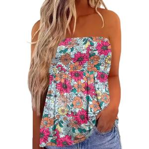 image:imageIWOLLENCE Womens Tube Tops Flowy Pleated Strapless Top Long Sleeveless Bandeau Tanks Cute Beach Coverups SummerFp Coloful Flower
