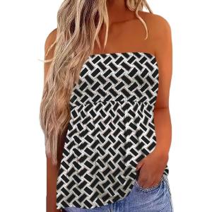 image:imageIWOLLENCE Womens Tube Tops Flowy Pleated Strapless Top Long Sleeveless Bandeau Tanks Cute Beach Coverups SummerFp Khaki Black Rectangle