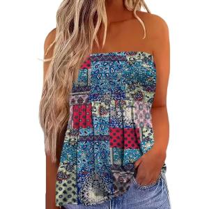 image:imageIWOLLENCE Womens Tube Tops Flowy Pleated Strapless Top Long Sleeveless Bandeau Tanks Cute Beach Coverups SummerFp Multicolor Patchwork