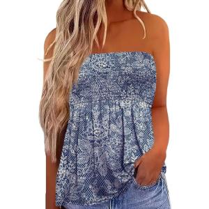 image:imageIWOLLENCE Womens Tube Tops Flowy Pleated Strapless Top Long Sleeveless Bandeau Tanks Cute Beach Coverups SummerFp Navy Flower