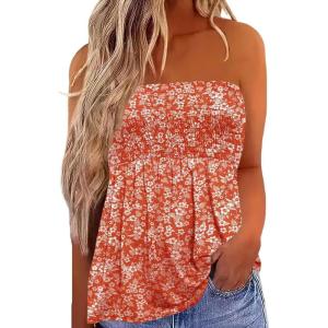 image:imageIWOLLENCE Womens Tube Tops Flowy Pleated Strapless Top Long Sleeveless Bandeau Tanks Cute Beach Coverups SummerFp Orange Floral