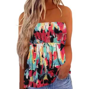 image:imageIWOLLENCE Womens Tube Tops Flowy Pleated Strapless Top Long Sleeveless Bandeau Tanks Cute Beach Coverups SummerFp White Ink Red