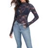 image:imageIWOLLENCE Womens Sexy Lace Long Sleeve Mock Neck Tops Trendy Floral See Through Blouse Western Sheer Mesh ShirtsBnavy Blue Pentas