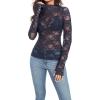image:imageIWOLLENCE Womens Sexy Lace Long Sleeve Mock Neck Tops Trendy Floral See Through Blouse Western Sheer Mesh ShirtsBnavy Blue Pentas