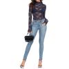 image:imageIWOLLENCE Womens Sexy Lace Long Sleeve Mock Neck Tops Trendy Floral See Through Blouse Western Sheer Mesh ShirtsBnavy Blue Pentas