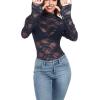 image:imageIWOLLENCE Womens Sexy Lace Long Sleeve Mock Neck Tops Trendy Floral See Through Blouse Western Sheer Mesh ShirtsBnavy Blue Pentas