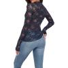 image:imageIWOLLENCE Womens Sexy Lace Long Sleeve Mock Neck Tops Trendy Floral See Through Blouse Western Sheer Mesh ShirtsBnavy Blue Pentas