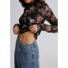 image:imageIWOLLENCE Womens Sexy Lace Long Sleeve Mock Neck Tops Trendy Floral See Through Blouse Western Sheer Mesh ShirtsFblack Chrysanthemum
